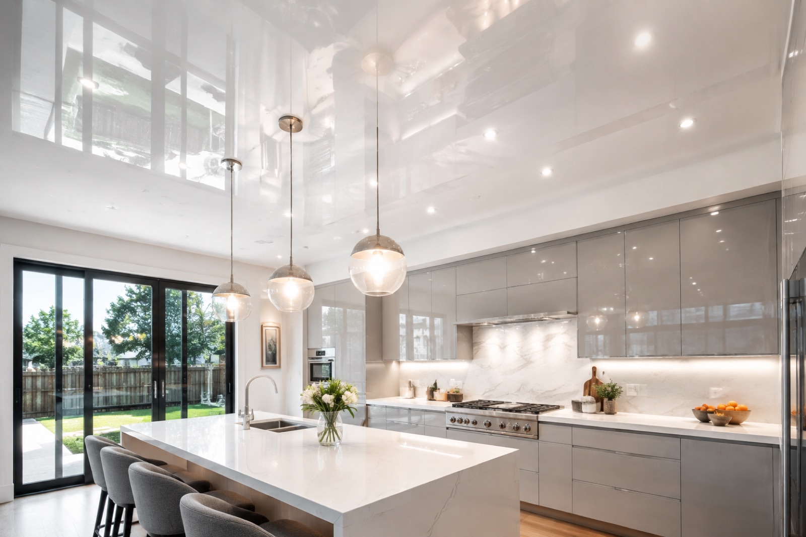 Plafond tendu brillant laqué dans une cuisine