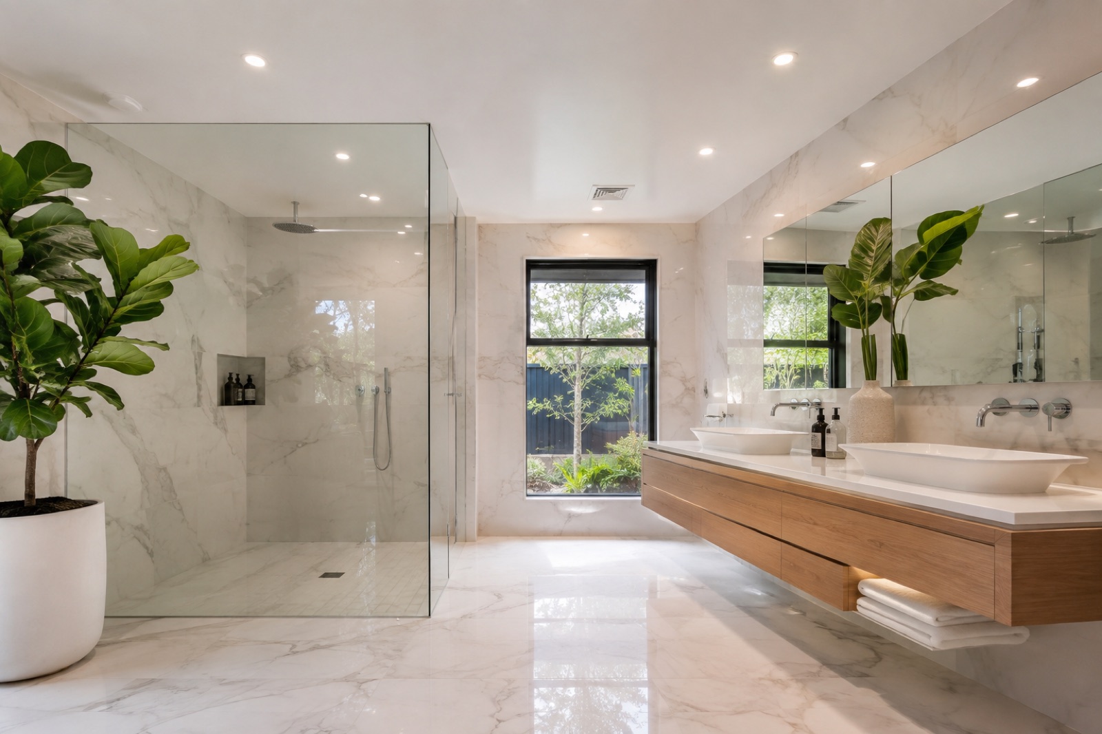 Salle de bain avec plafond tendu satiné et spots