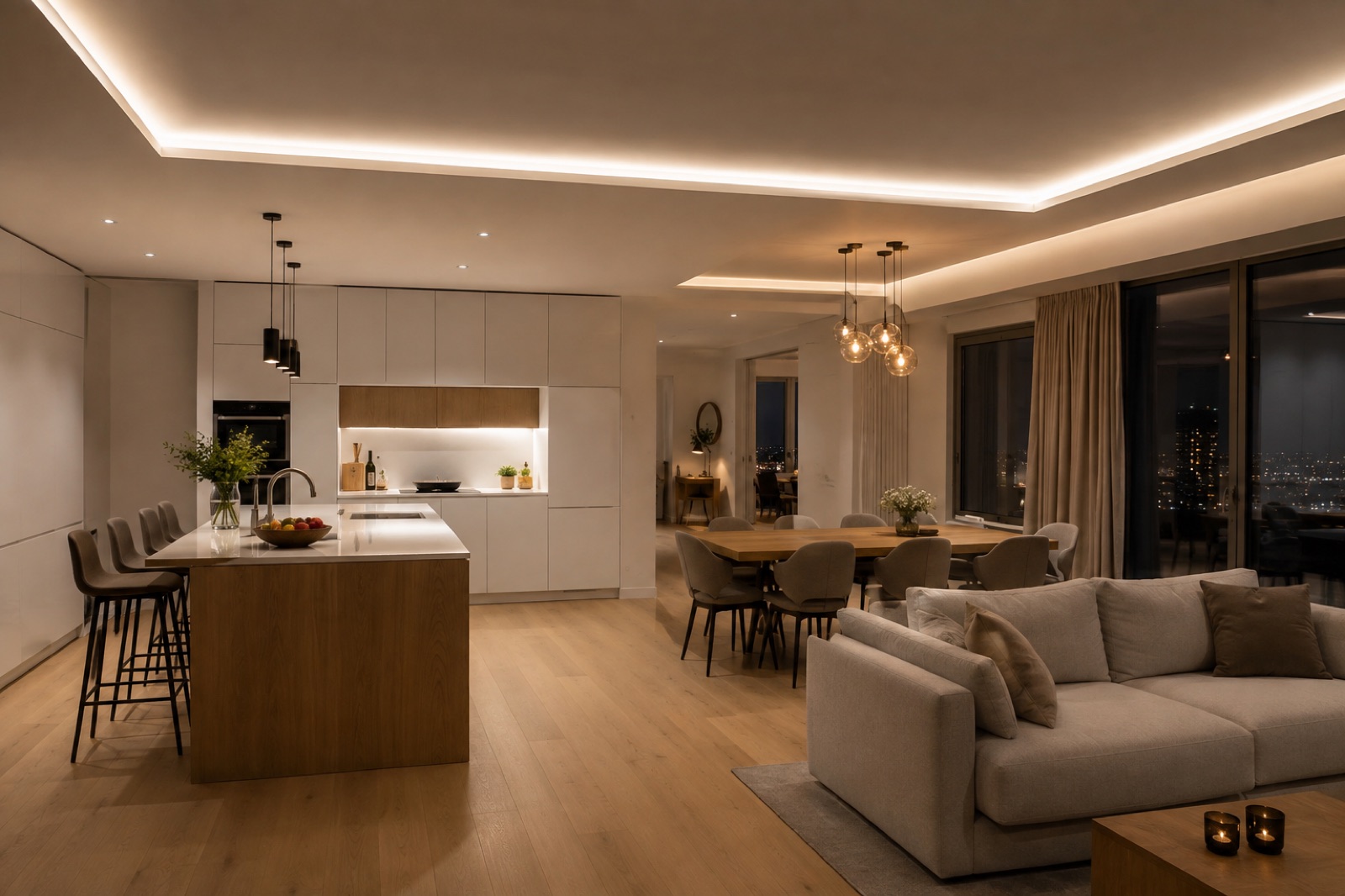 Cuisine ouverte avec plafond tendu à deux niveaux et ligne lumineuse LED