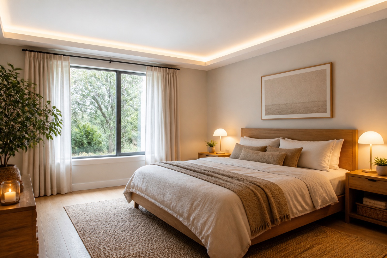 Chambre avec plafond tendu mat et périphérie lumineuse