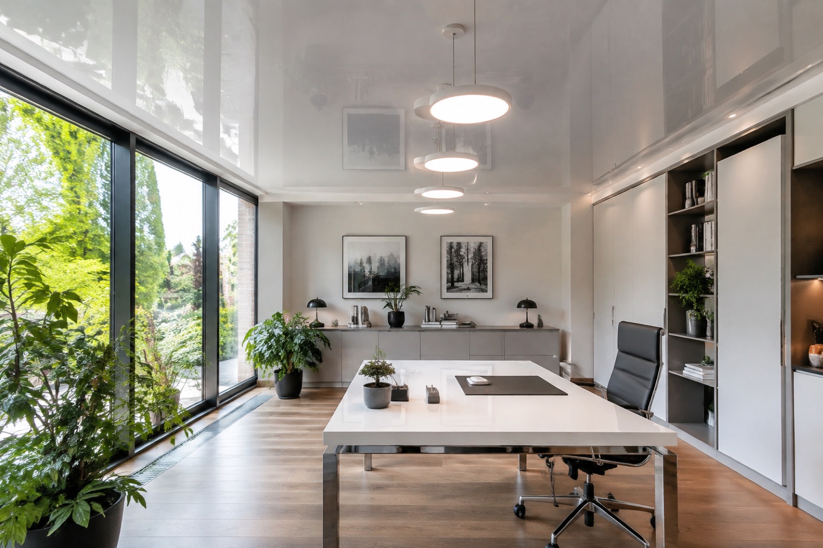 Bureau avec plafond tendu brillant gris clair et suspensions