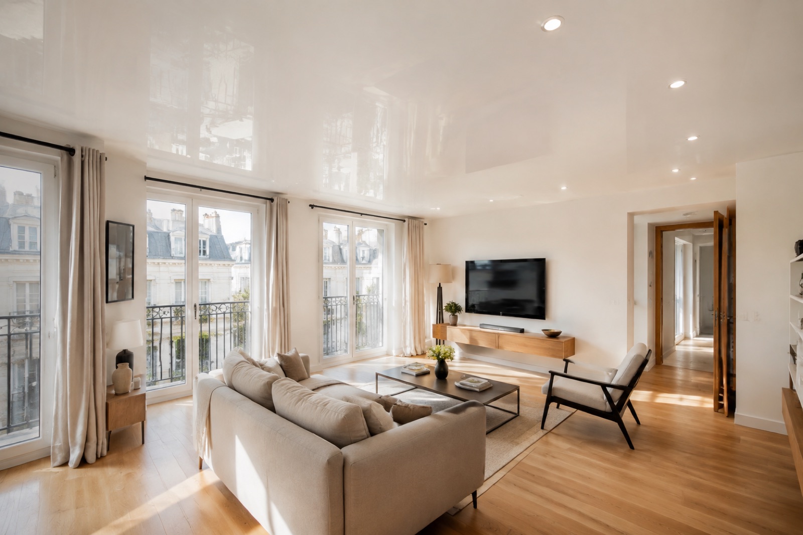 Salon lumineux avec plafond tendu brillant blanc et spots encastrés